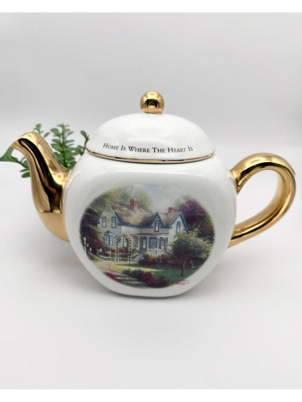 Thomas Kincade "Home Is Where The Heart Is" Decorative Teapot Gold Accent